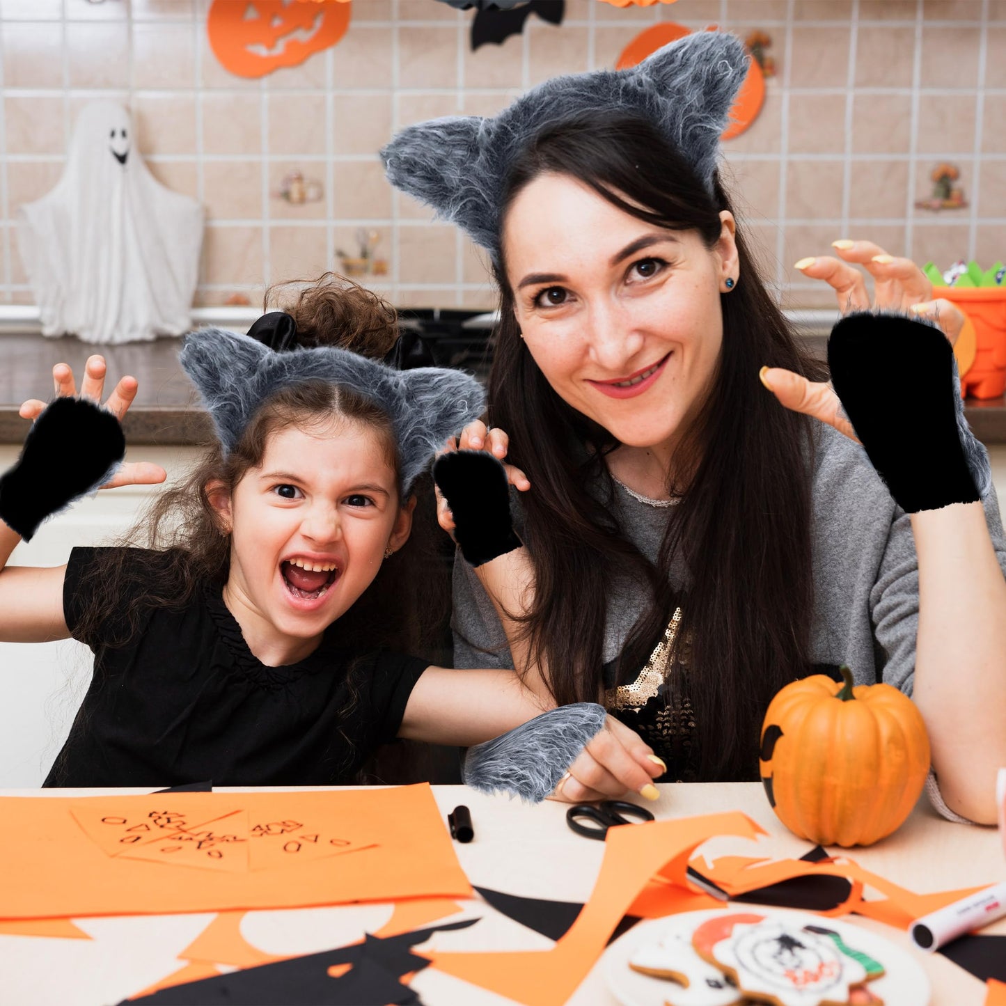 D-Fokes 4 PCS Wolf Costume Accessories Set for Men Women Boys Girls, Includes Wolf Ears Headband Gloves Tail,Halloween Animal Costumes, Realistic Wolf Costume Cosplay Party Supplies