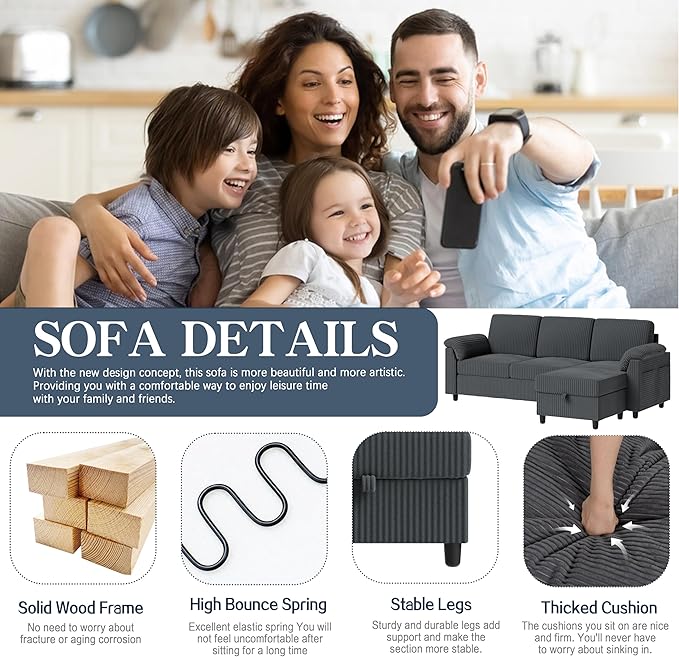 Meilocar Sectional Couches for Living Room, L Shaped Couch with Side Storage Pockage, Comfortable 3 Seat Sofa Couches for Apartment, Grey