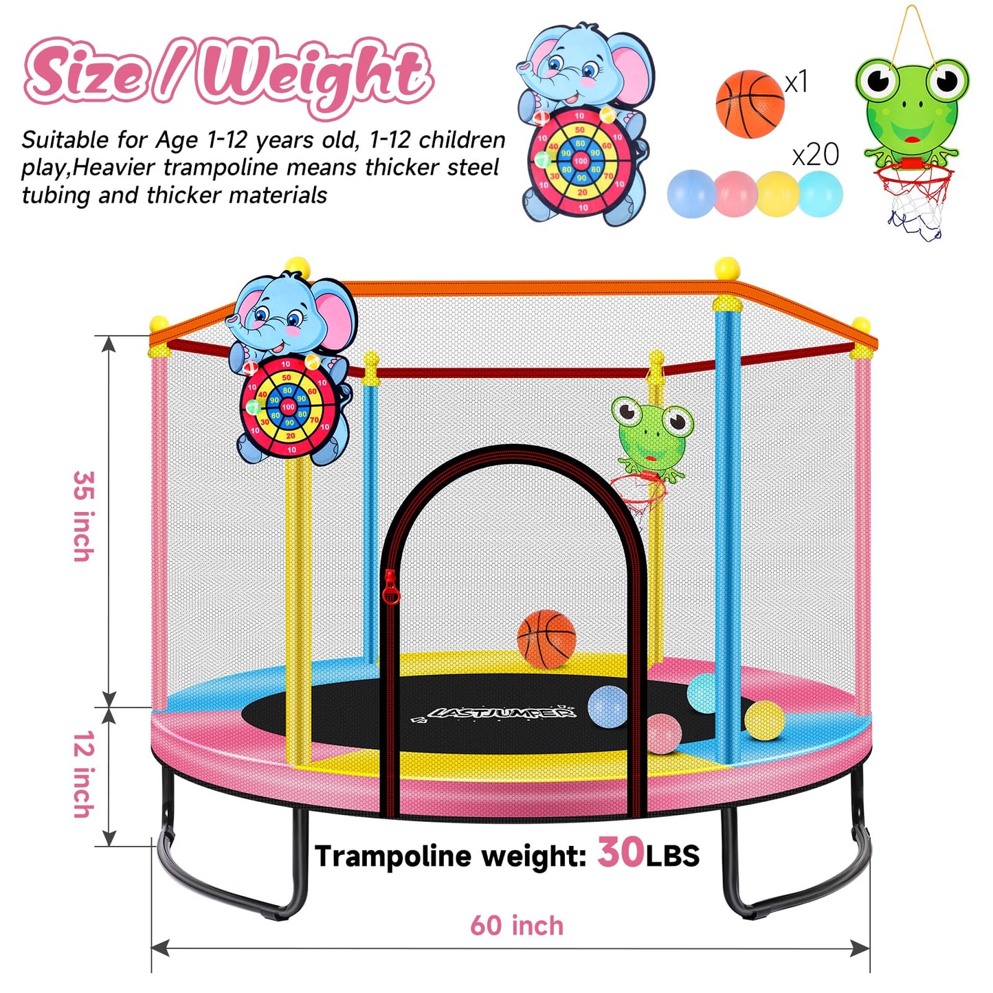 LASTJUMPER 60" Pink Indoor Trampoline for Kids 2-5, 5ft Mini Indoor & Outdoor Small Toddler Trampoline with Basketball Hoop, Dart Board, Ocean Ball,Baby Toys, Birthday Gifts for Kids