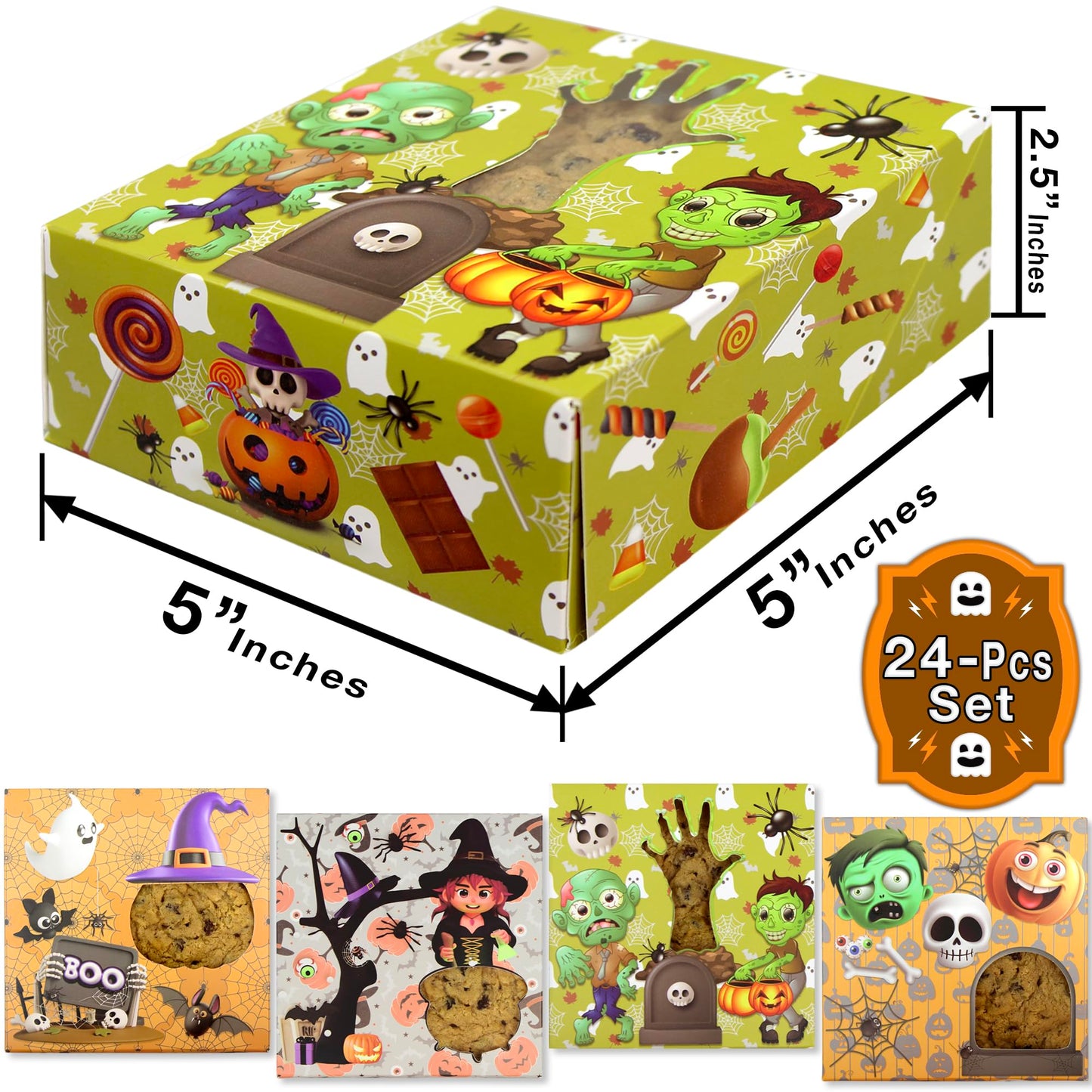 BASHOUT Halloween Cookie Boxes | 24 Pcs Variety Pack with 4 Unique Designs | 5" x 5" Inch Treat Boxes for Gift Giving & Candy Display