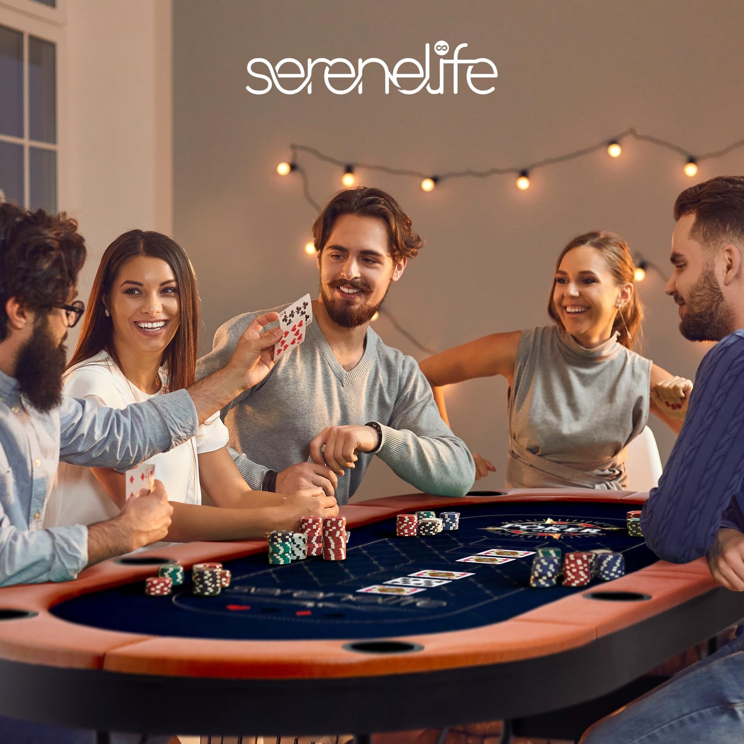 SereneLife 8 Player Foldable Poker Table, 71 inch Portable Casino Table for Texas Holdem w/Cushioned Rail & Cup Holders, Folding Game & Card Table