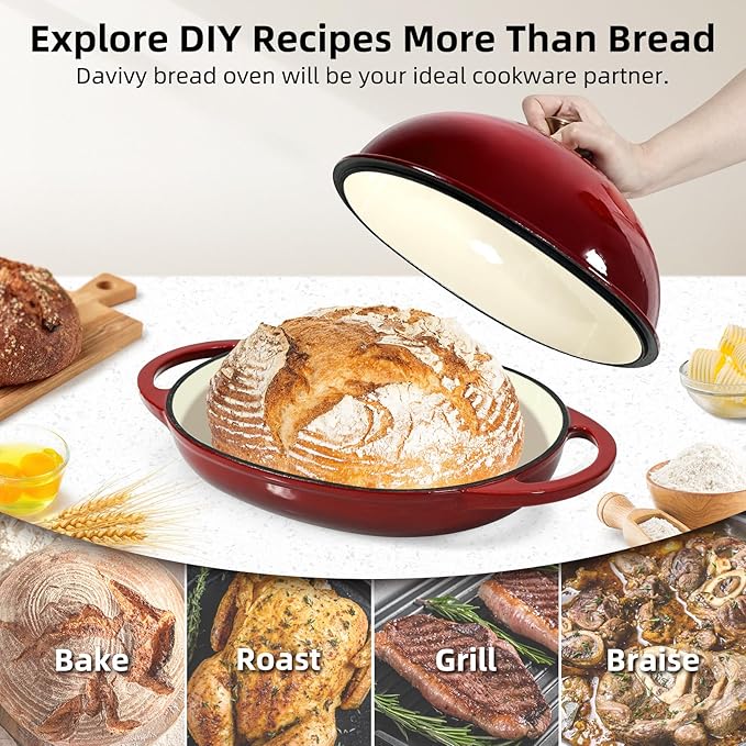 Davivy 6QT Oval Bread Dutch Oven with Silicone Baking Mat, Enameled Cast Iron Dutch Oven for Sourdough Bread Baking 6QT, Cast Iron Sourdough Bread Pan with Domed Lid - Ruby Red