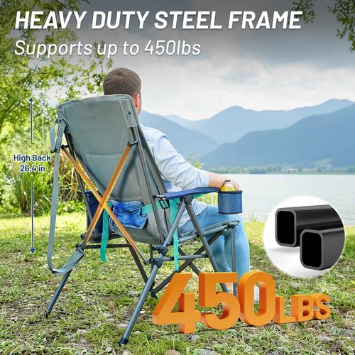 TIMBER RIDGE Oversized Camping Chair with Lumbar Support, Portable Folding Chair Heavy Duty for Adults Supports 450 LBS for Outdoor Camping, Lawn, with High Back, Cup Holder, Side Pocket - Blue