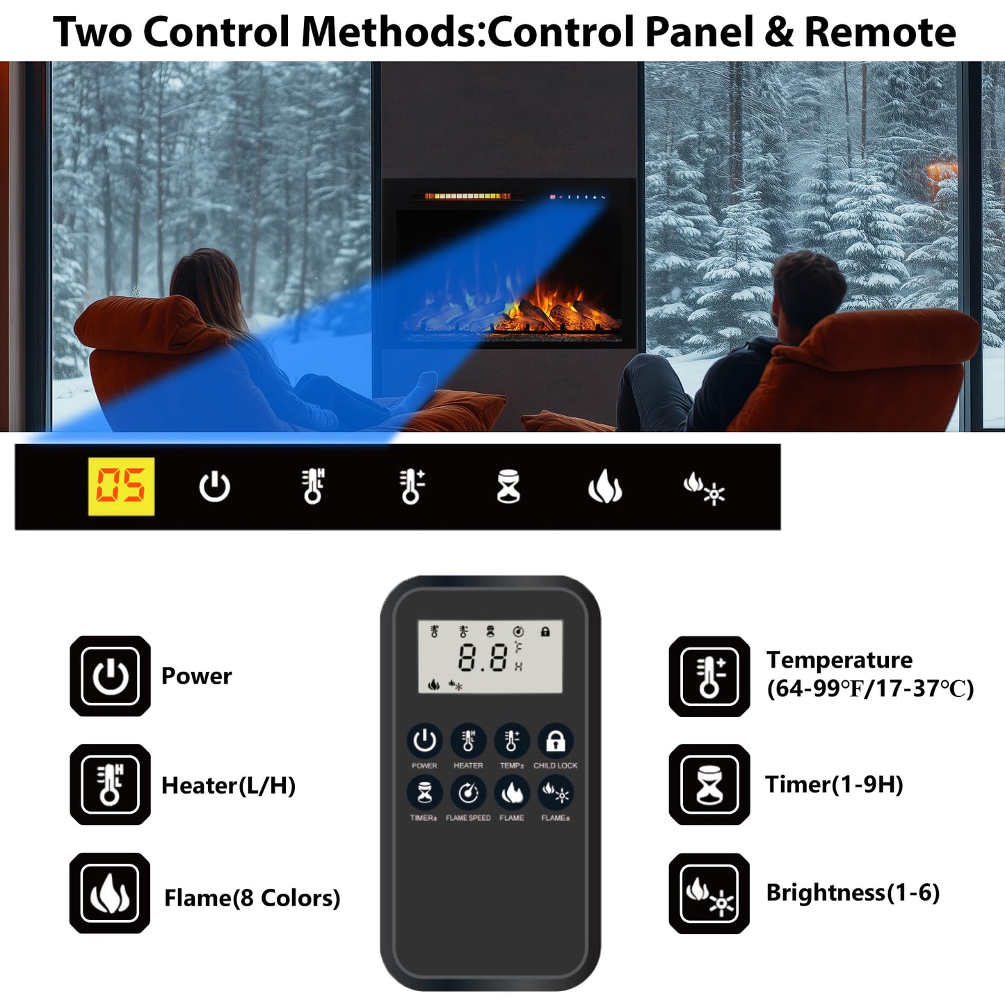 Oxhark Flame 28 Inches Electric Fireplace Insert with Trim Kit, Wall Mounted & Recessed Electric Fireplace Inserts with 8 Flame Colors, Remote Control, 6 Levels Brightness, 9H Timer, Black, 1500W/750W