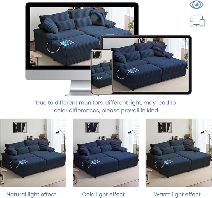 SUNWAVE 74" W Double Chaise Lounge Chair Indoor, Oversized Loveseat with Storage Ottoman, Corduroy Couch with USB Charging, Removable Ottoman, and Coffee Table Cushions for Living Room, Apartment