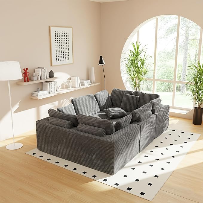 SEENYOO 135.5" Cloud Sectional Couch,Boneless Corduroy Sofa for Living Room,Oversized U Shaped Sofa with Chaise,Deep Seat,No Assembly Required,Modular Sectional Sofa(Grey)