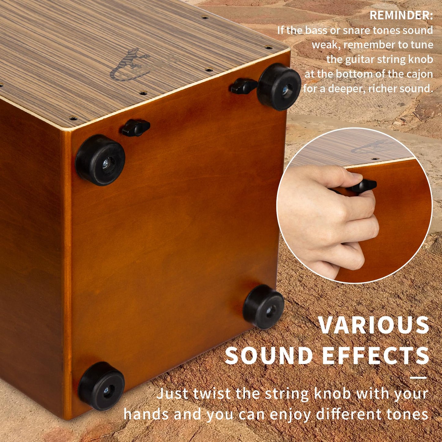 Gecko Cajon Drum Box With Snare And Bass Tone For Acoustic Music, Percussion Instrument With Internal Adjustable Guitar Strings