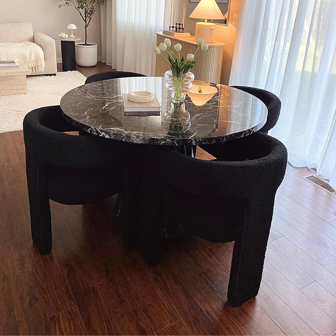 DAYALANE Modern Barrel Dining Chairs Set of 4, Upholstered Boucle Dining Room & Kitchen Chair with Curved Back, Comfy Accent Side Reading Armchair for Living Room Bedroom Kitchen Home Office, Black