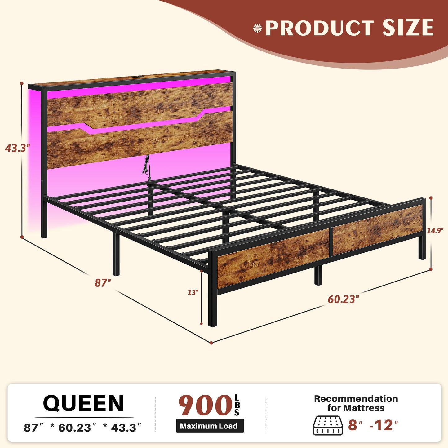 Homkdom Queen Bed Frame with Headboard,Queen Size Bed Frame with LED Lights & Charging Station & 13" Under Bed Storage, All-Metal Support System, No Box Spring Needed, Easy Assembly,Rustic Brown