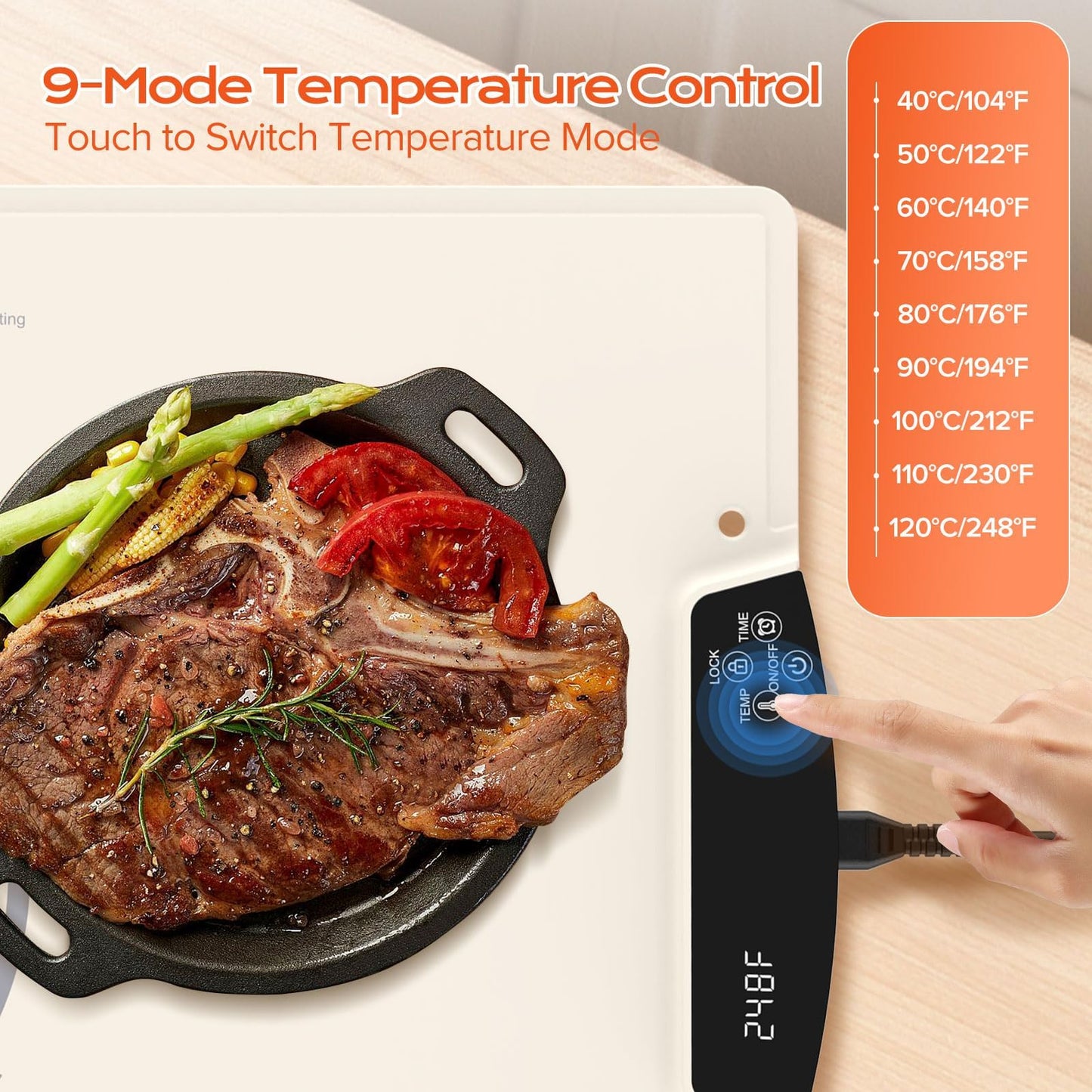 Warming Mat for Food with 9 Temperature Modes, 24"x16" Fast Heating & Foldable Food Warmer for Parties, 2-12Hr Auto Shut-Off & Child-Lock Silicone Heating Mat for Food, Holidays, Countertop, Daily Use