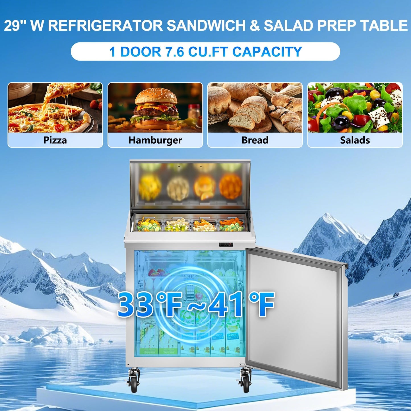 Rockitch 29" W Commercial Refrigerator Sandwich Salad Prep Table, 7.6 Cu.ft 1 Door Commercial Stainless Steel Mega Top Food Prep Fridge with 12 Pans, Salad Prep Station for Restaurant, Bar, Shop