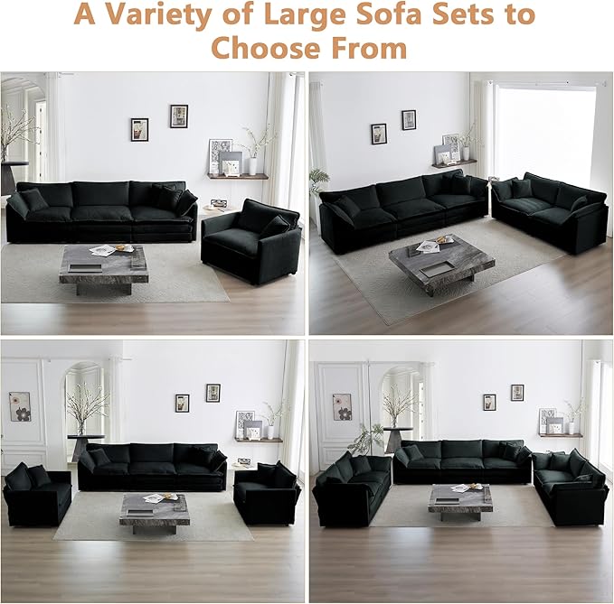mikibama Luxury Modular Sectional Sofa, 146.5" Modern Chenille Comfy Cloud Couches for Living Room Office, 4 Seater Deep Sofa with 2 Armrest Pillows and 4 Toss Pillows, Black