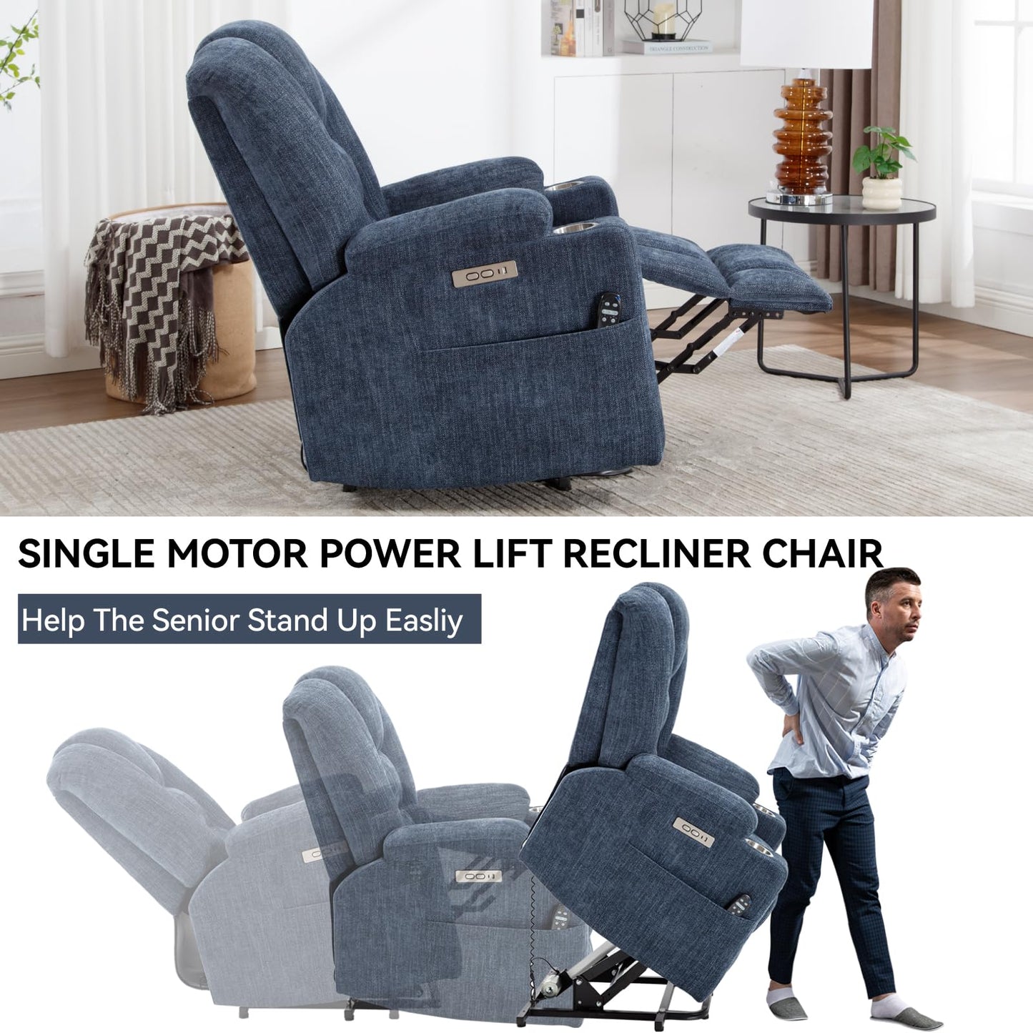 KEIKI Oversized Power Lift Recliner Chair with Heat & Massage, Reding Rocking Chair for Adult, High Seat Chenille Recliner with Side Pocket, USB Port, Cup Holder, Lumbar Support for Living Room, Blue