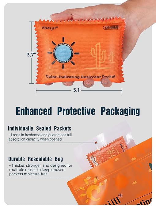 120 Gram (1 Pack) Color-Indicating Desiccant Packs for Storage, Rechargeable Silica Gel Packets, Moisture Absorbers for Gun Safe, 3D Filaments, Cars, Safe, Electronics, Toolboxes