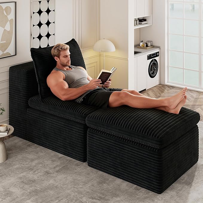 Buytime 65.6" Chaise Lounge Chair Indoor, Boneless Upholstered Sofa Bed, Corduroy Comfy Sleeper Chair for Living Room and Bedroom, Black
