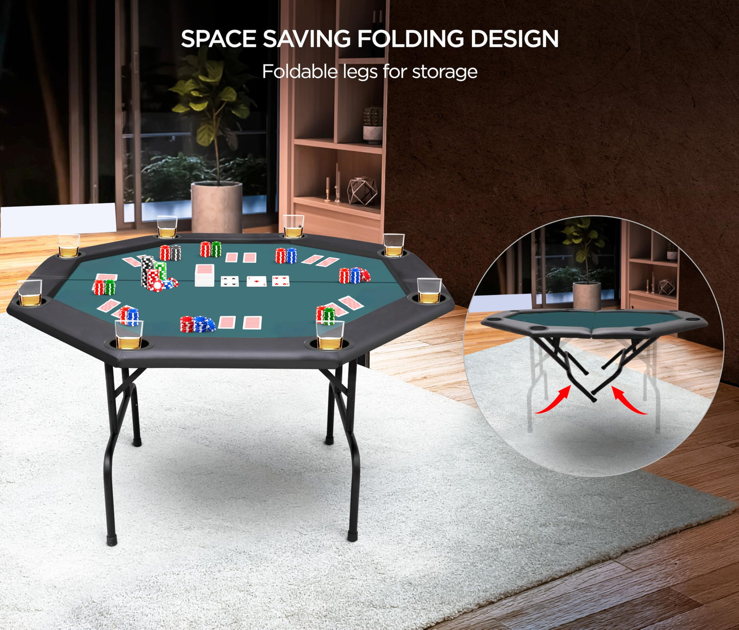 ZivPlay Poker Table Foldable Texas Holdem Poker Table Portable with Folding Legs for Card Game and Casino Gambling 8 Player Octagon