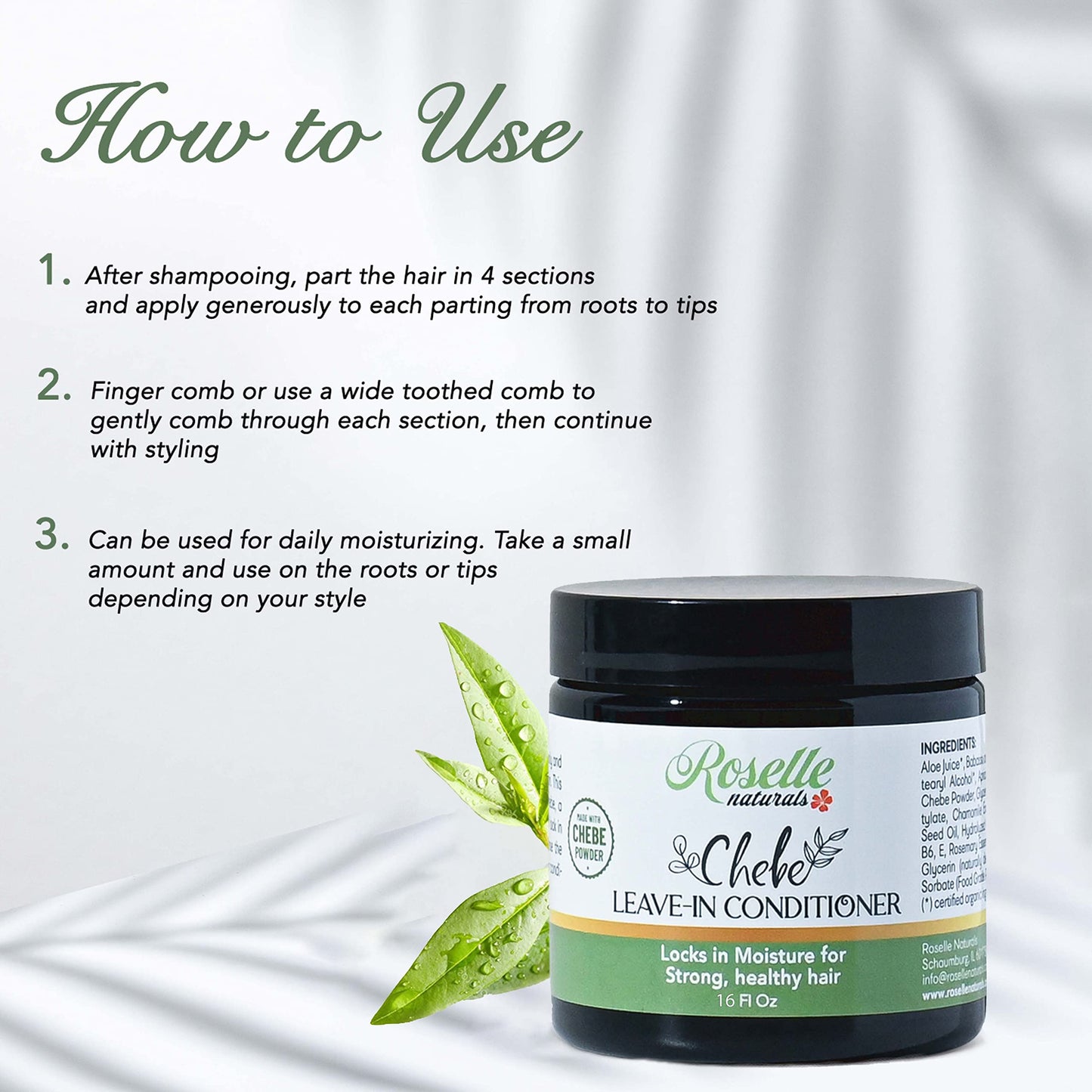 Roselle Naturals Chebe Leave In Conditioner Organic 16 Oz Chebe Powder for Hair Growth, African Chebe & Rosemary Oil, Chebe Hair