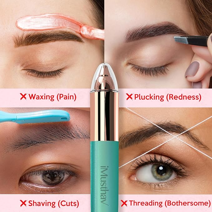 Eyebrow Hair Remover for Women | 18K Gold-Plated Head | 360° LED Light Portable Painless Epilator