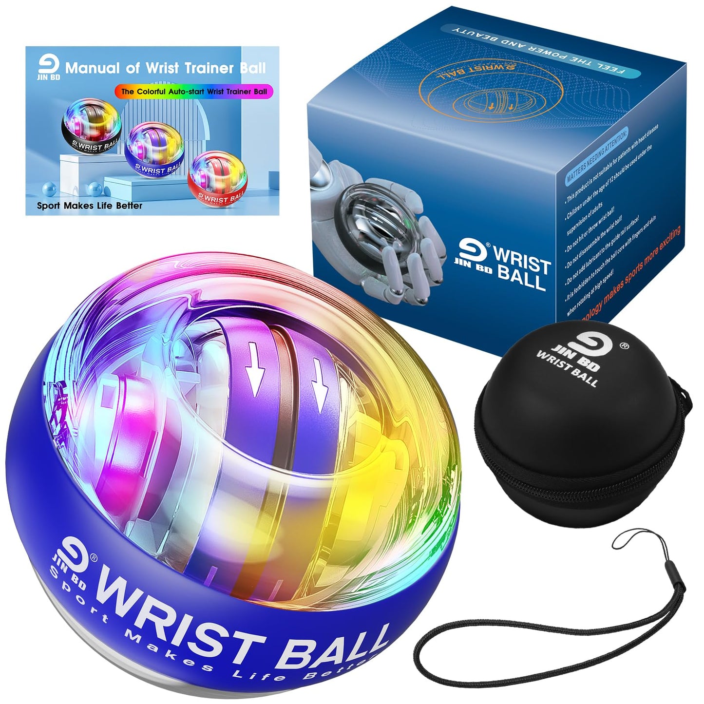 JIN BD Wrist Trainer Ball Auto-Start Strengthener Gyroscopic Forearm Exerciser Gyro for Strengthen Arms, Fingers, Bones and Muscles with LED Light,Blue