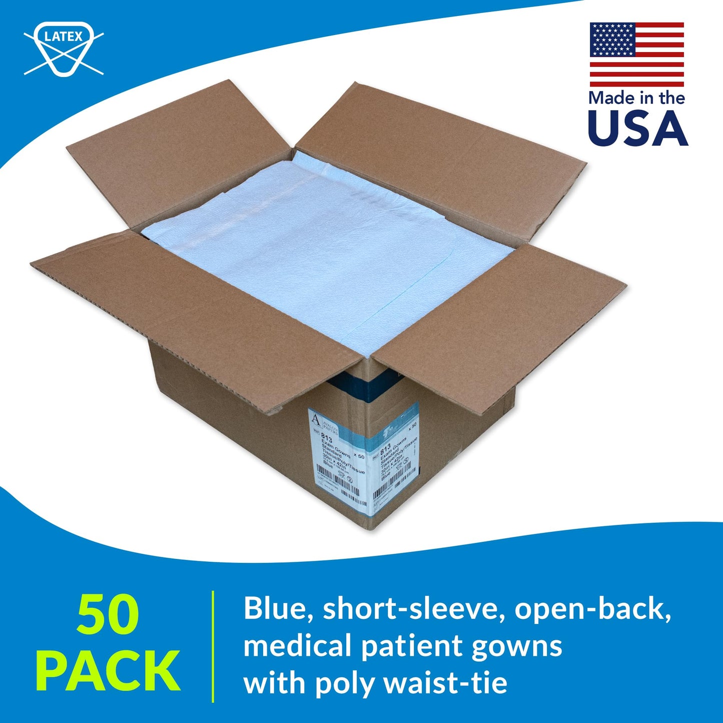 Avalon Standard Gowns, Blue (Pack of 50) ― Tissue/Poly/Tissue ― Open-Back, Waist-Tie, Short-Sleeve Medical Gowns ― Disposable Exam Gowns ― Standard Size 30” x 42” ― Latex-Free Medical Supplies (813)