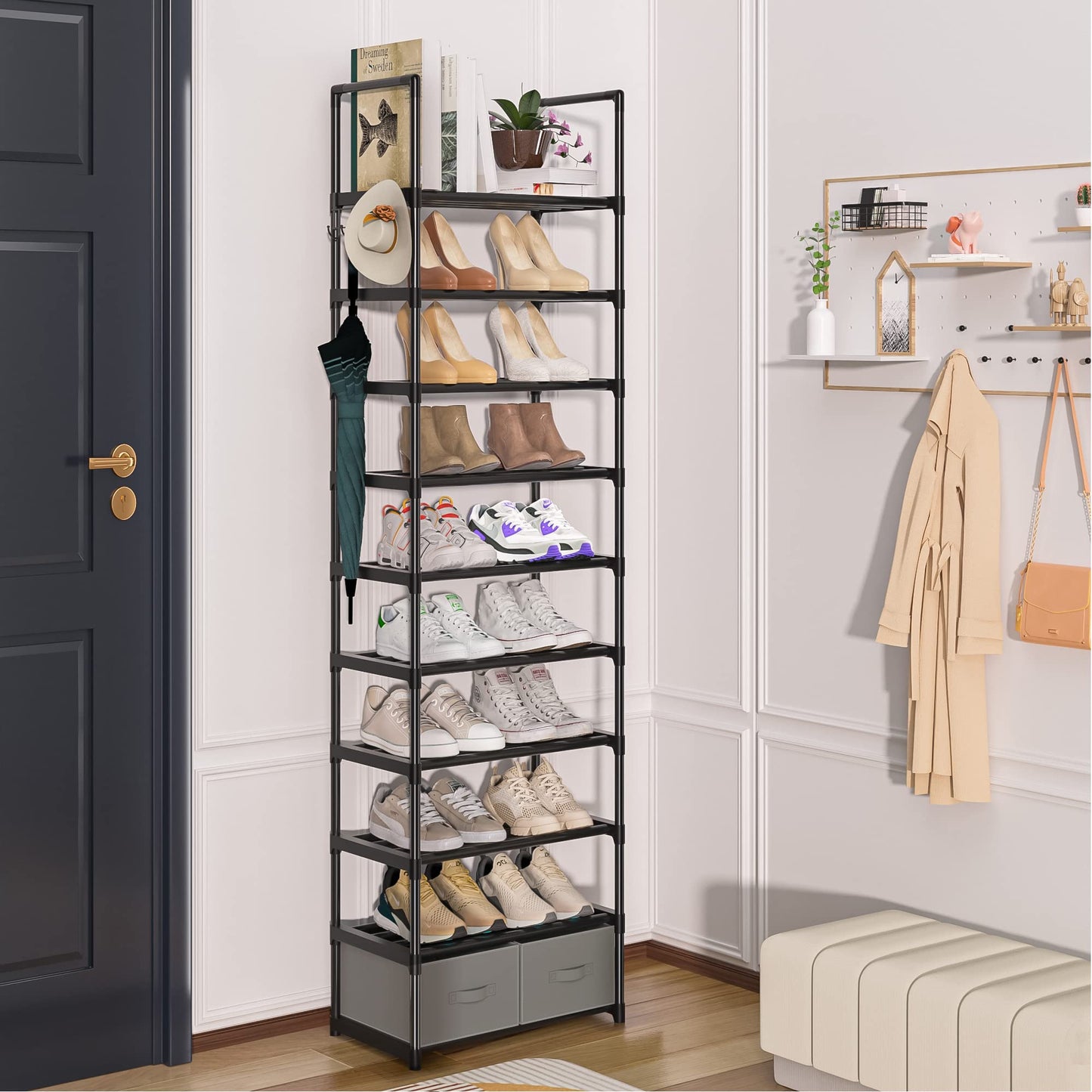 OYREL Tall Shoe Rack Narrow 10 Tier Shoes Rack 20 25 Pairs, Shoe Storage Organizer for Closet, Sturdy Metal Shoe Shelf Shoe Stand with 2 Boxes 1 Hook