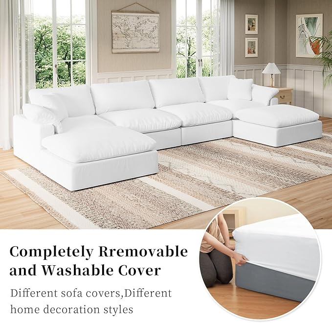 Intuition Decor Modular Sectional Sofa Cloud Couch,Down Filled Comfy Cloud Modern Sofa,White Linen U Shape 6 Seater Oversized Couch Cushion Covers Removable for Living Room