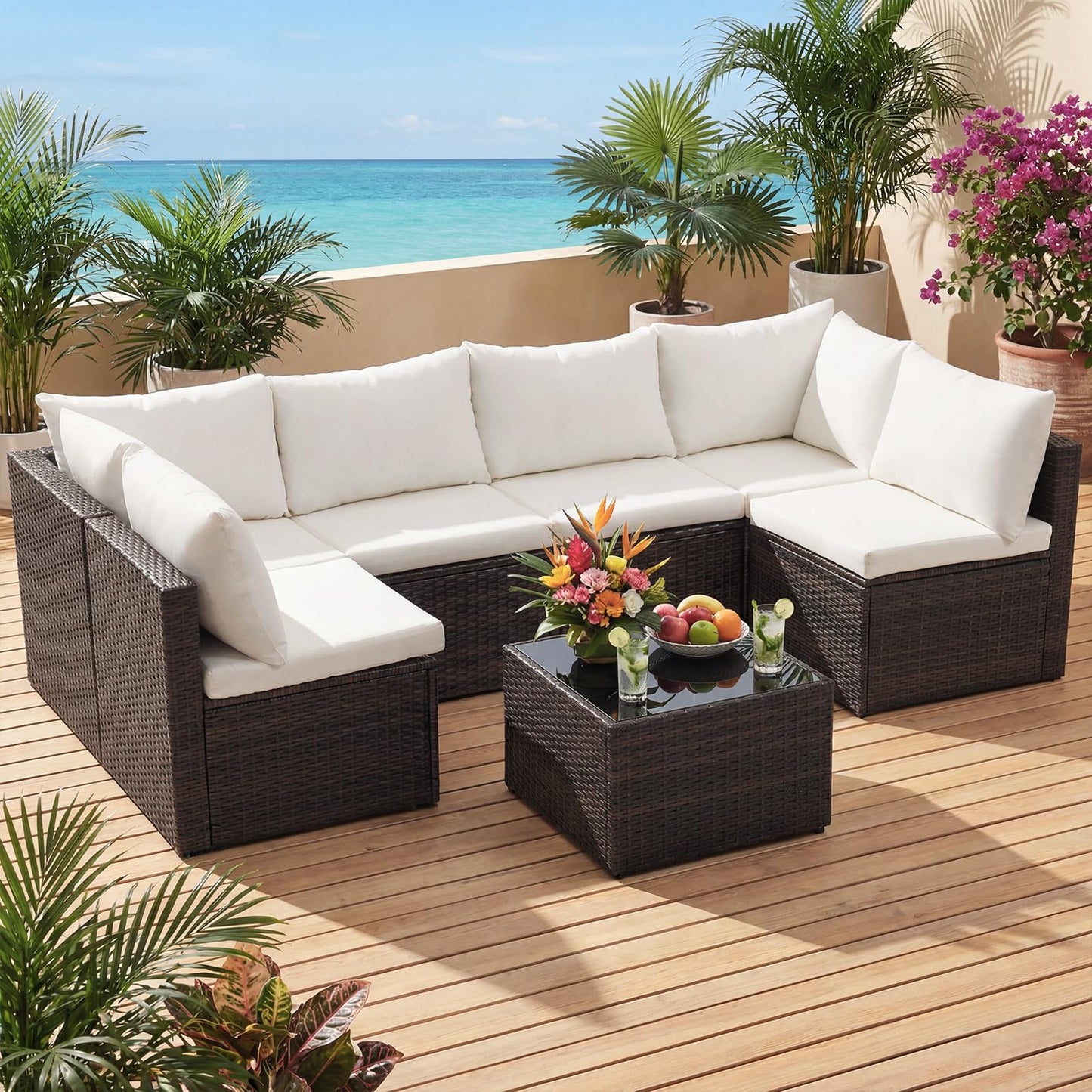 NEWBULIG 7-Piece Outdoor Patio Sectional Sofa, Weather-Resistant Modular Wicker Rattan Furniture Set with 2.8" Cushions, Tempered Glass Table & Adjustable Feet for Deck, Backyard, Poolside (Brown)
