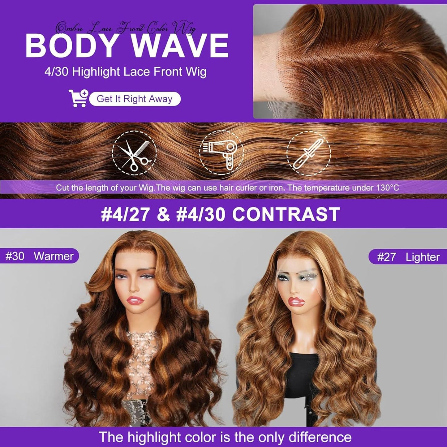 Peenoll Human Hair Wig - Highlight P4/30, Lace Frontal Closure, Body Wave, Pre Plucked, Pre Cut, Glueless, Elastic Band, 200% De