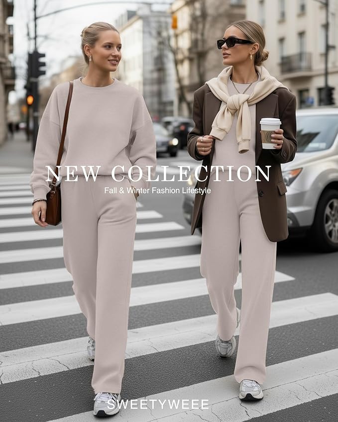 Sweetyweee Women's 2 Piece Outfits Set Fleece Lined Lounge Sweatsuit Crewneck Pullover Top Wide Leg Pants Casual Tracksuit