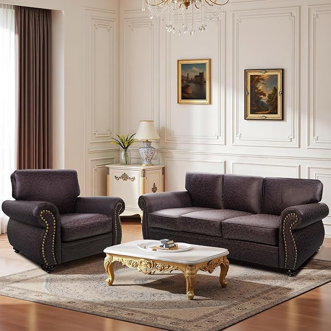 Couchus Living Room Furniture Sets,Sofa Sets and Couch Sets for Living Room,Mid-Century Vintage Sofa Couches with Rivet Design (Brown, Single+3 Seater)
