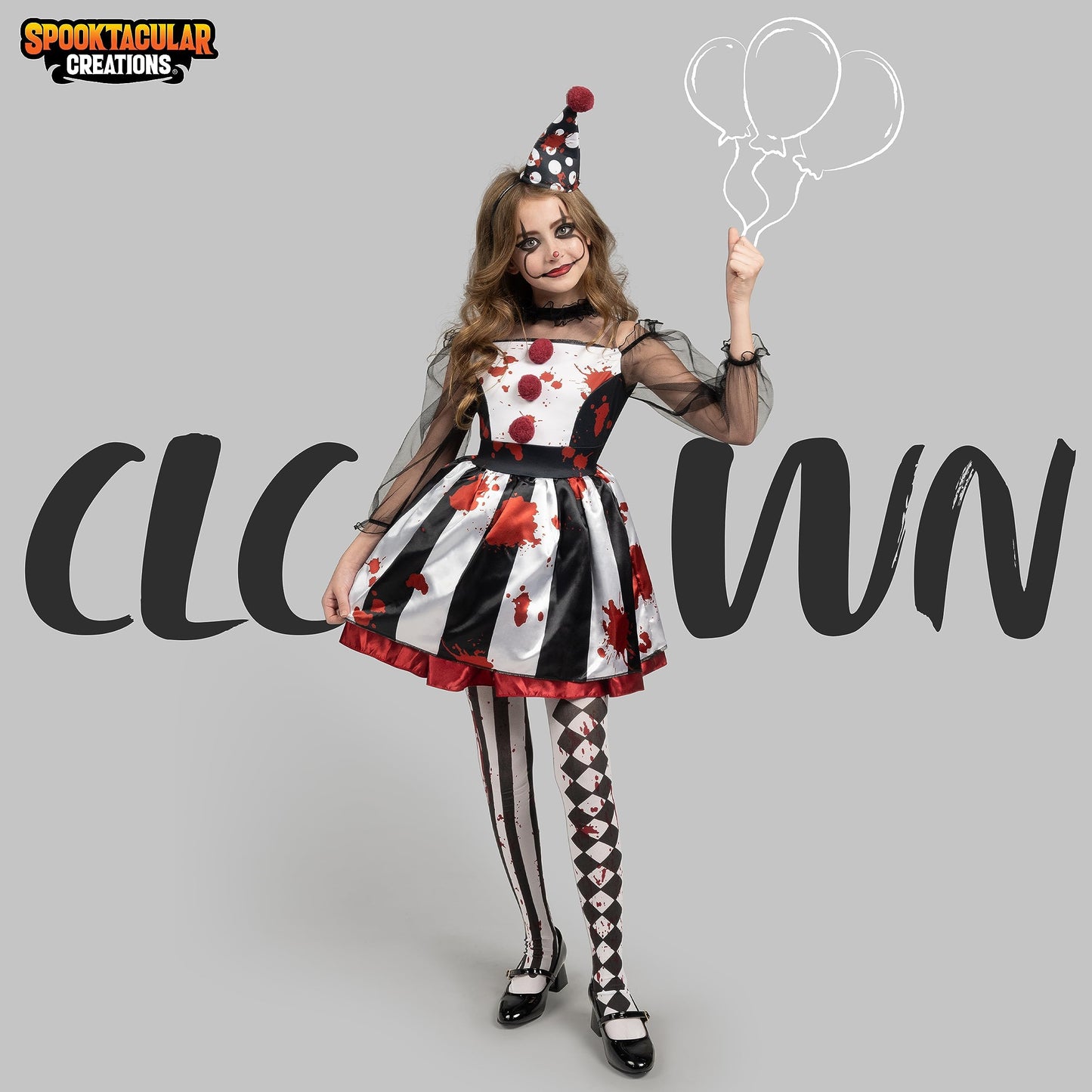 Spooktacular Creations Girls Clown Costume, Halloween Scary Clown Costume, Black and White Bloody Jester Dress for Girls Halloween Dress Up, Role Play, Cosplay Party-S
