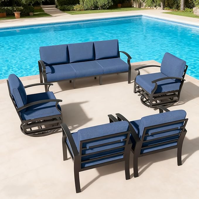 RTDTD Aluminum Outdoor Patio Furniture Set,5 Pieces 7 Seats Patio Conversation Sets with 2 Swivel Rocking Chairs,Metal Patio Sectional Furniture Set with 5.1" Thickened Cushions,Navy Blue