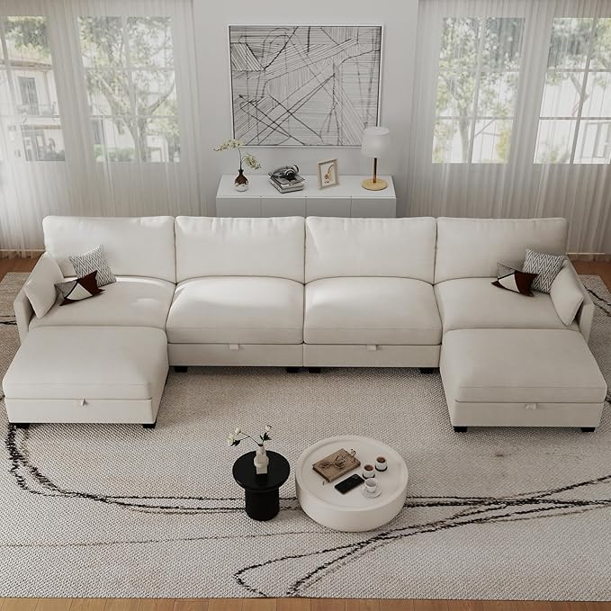 OhaiAura Modular Sectional U Shaped Sofa Couches for Living Room, Cloud Couch with Storage Ottoman, Comfy Chenille Sofa with Pillow, Beige