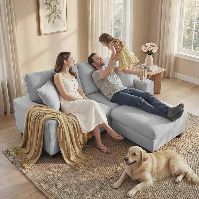 DOPEDIO L-Shaped Sectional Sofa with Storage Ottoman, Modern Chenille Recliner Loveseat, Removable Couch Covers, Pocket Spring Cushions, Solid Wood Frame, Easy to Install (71.25inch, Light Gray)