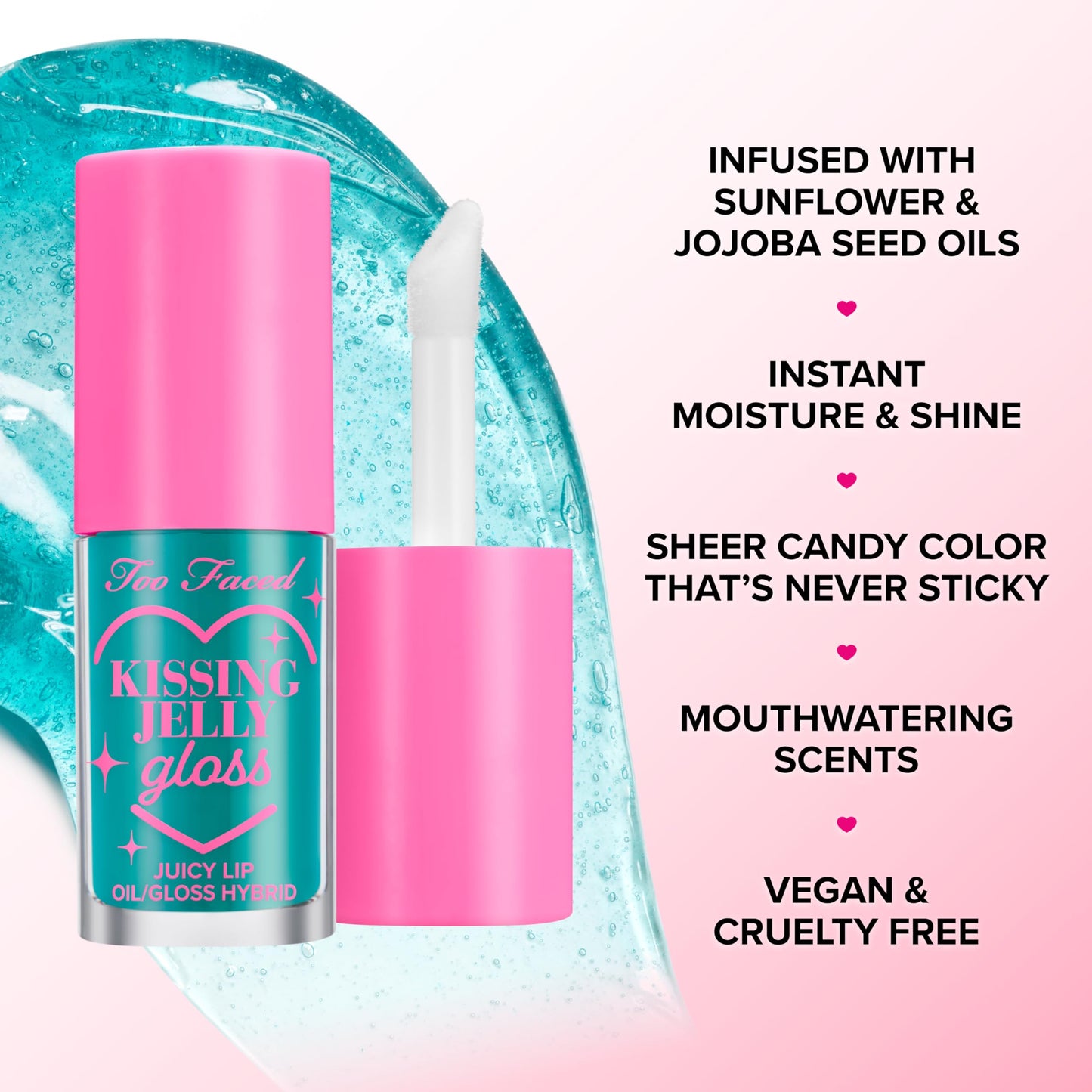 Too Faced Kissing Jelly Lip Oil Gloss | Sunflower & Jojoba Oils, Peach Rings, 0.15 Fl Oz