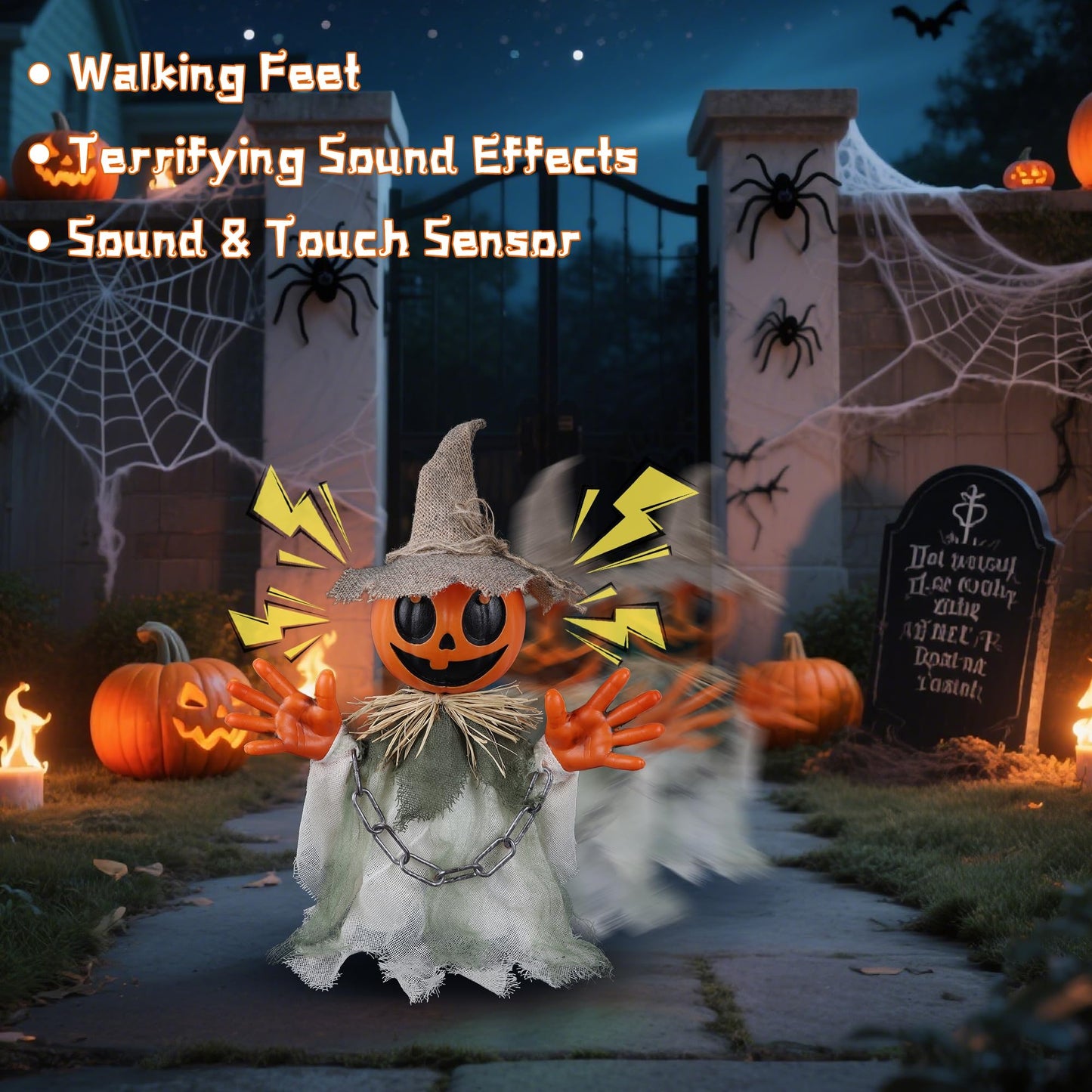 Prsildan Animatronic Halloween Decorations – 16″ Walking Pumpkin Ghost with Sound & Touch Sensor, Scary-Cute Animated Halloween Prop with Spooky Sound for Indoor Home & Outdoor Yard, Lawn Decor