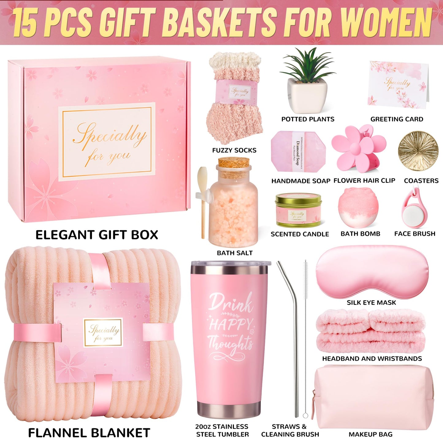 15PCS Birthday Gifts for Women, Self Care Gifts Get Well Soon Gifts, Relaxing Spa Gifts Basket Care Package w/ Flannel Blanket and 20 oz Tumbler, Mothers Day, Christmas, Friendship Gift for Mom Wife