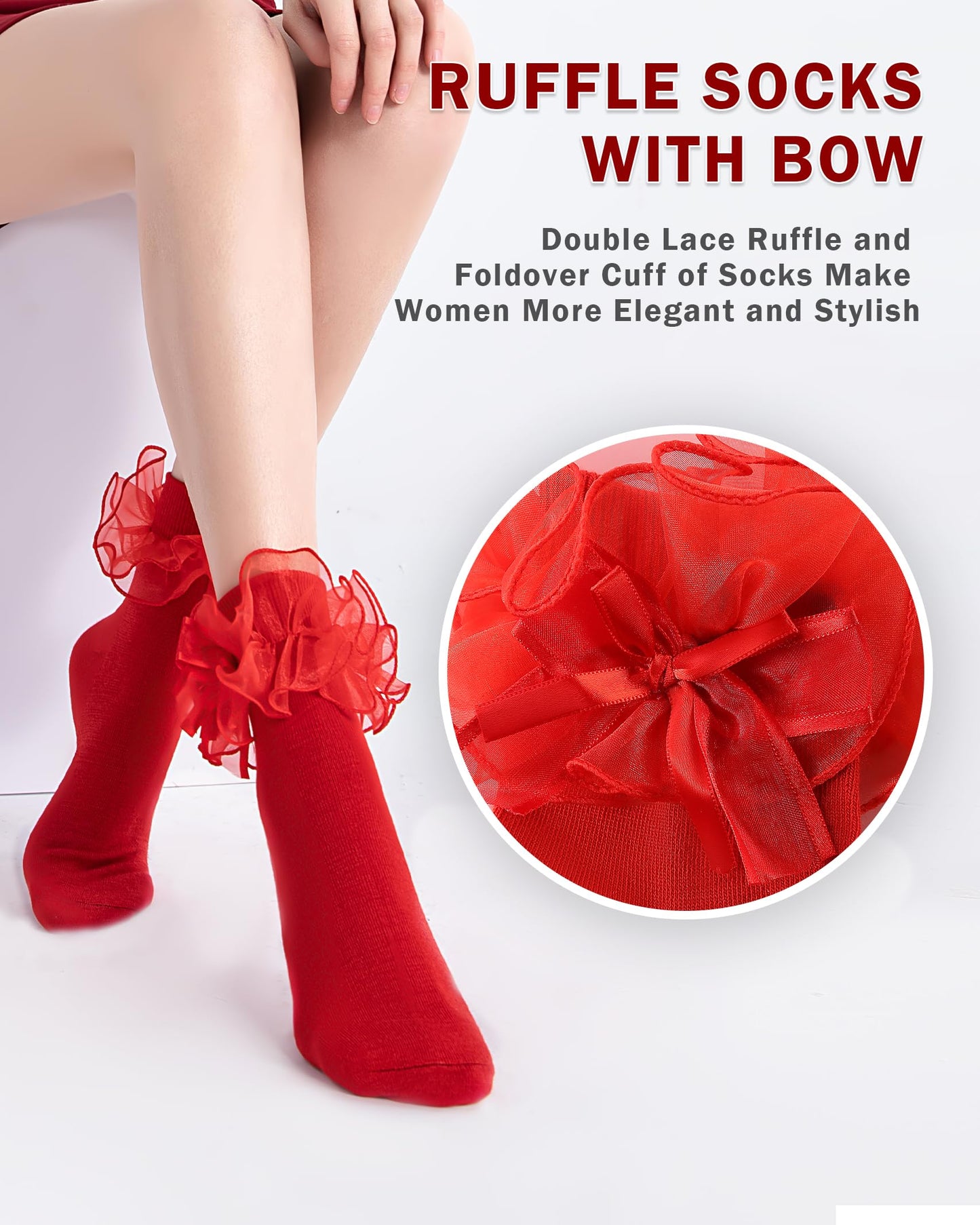 NiceBaby Women's Big Ruffle Socks Double Lace with Bows (White Black Red, Size 9-11)