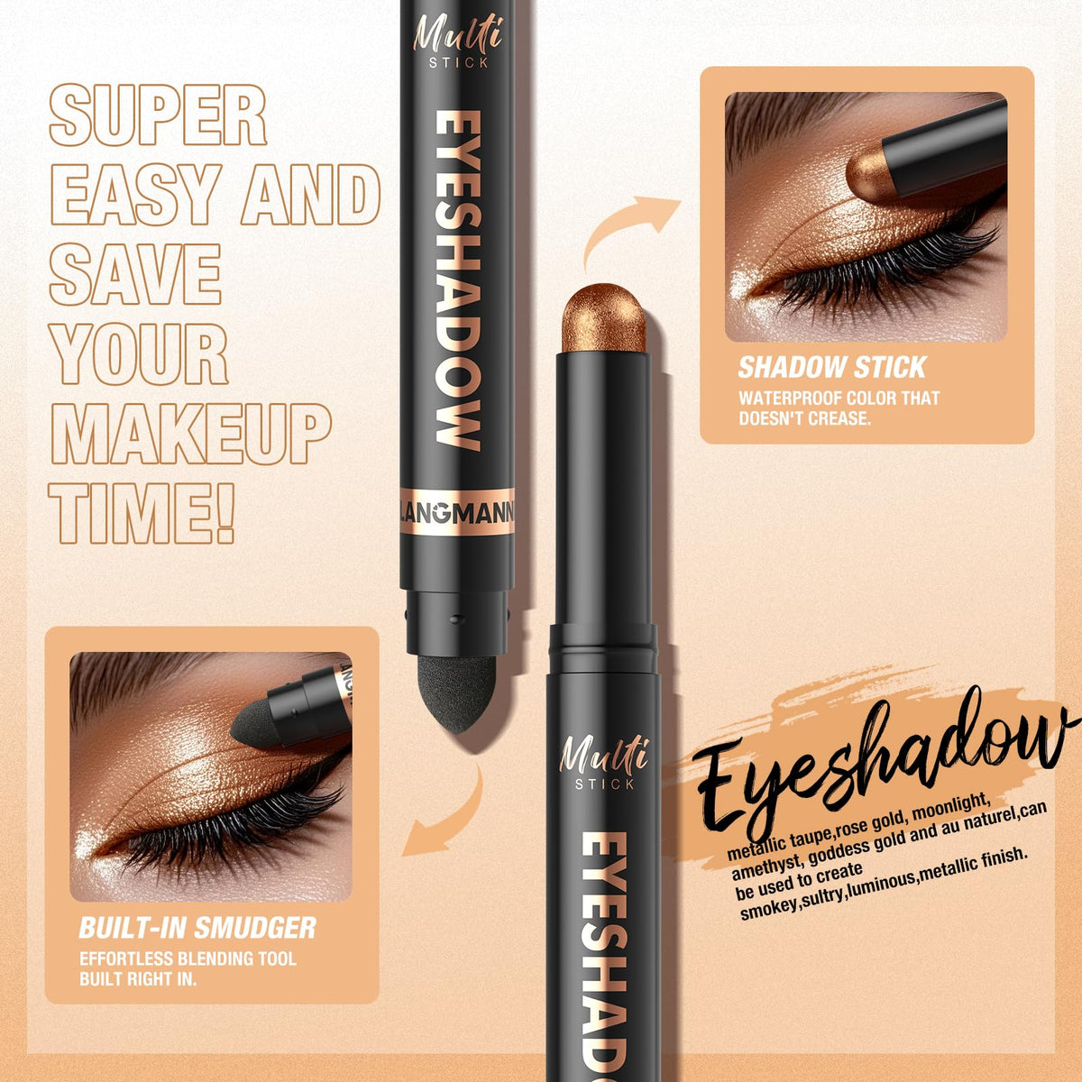 LANGMANNI 8Colors Dual-Ended Eyeshadow Stick Set - Silky Smooth, Waterproof & Transfer-Proof, Built-in Blender Brush, All-Day Ma