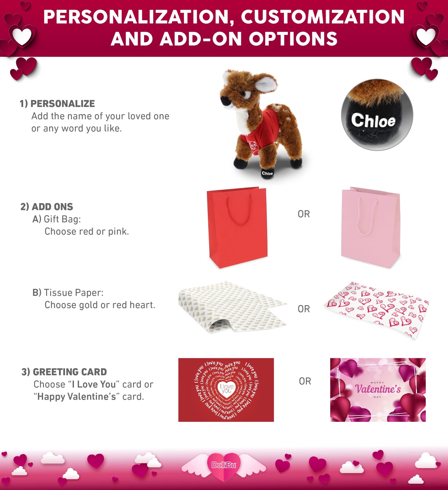 DolliBu I Love You Valentine Plush Standing Deer Small - Cute Stuffed Animal with Red Shirt and Name Personalization Gift for Valentines Day, Birthday, Anniversary, Romantic Date - 10 Inches