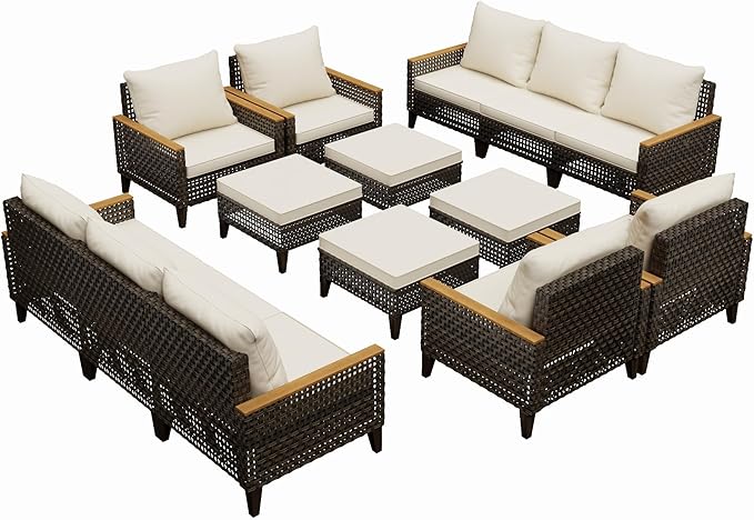 Xmkmvk 14 Piece Patio Sectional Sofa Furniture Set, All-Weather Wicker Rattan Outdoor Conversation Set with High Back and Thick Cushions, for Garden, Porch, Poolside, Beige