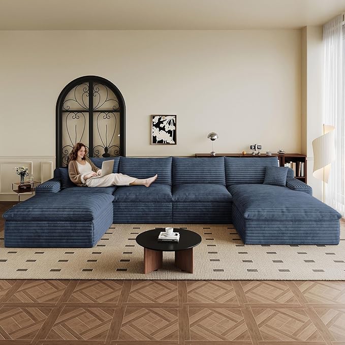 136" Cloud Sectional Couch U-Shaped Chaise with Ottoman, Corduroy Boneless Couch for Living Room Bedroom, Deep-Seat Upholstered Modular Cloud Sofa, No Assembly Required (Blue, Right Facing Chaise)