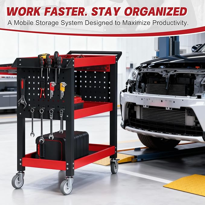 XCX 3 Tier Tool Cart on Wheels, Heavy Duty Metal Rolling with Drawers and Pegboards, 660 LBS Load Capacity Tool Storage Cart, Industrial Utility for Garage, Warehouse, Workshop