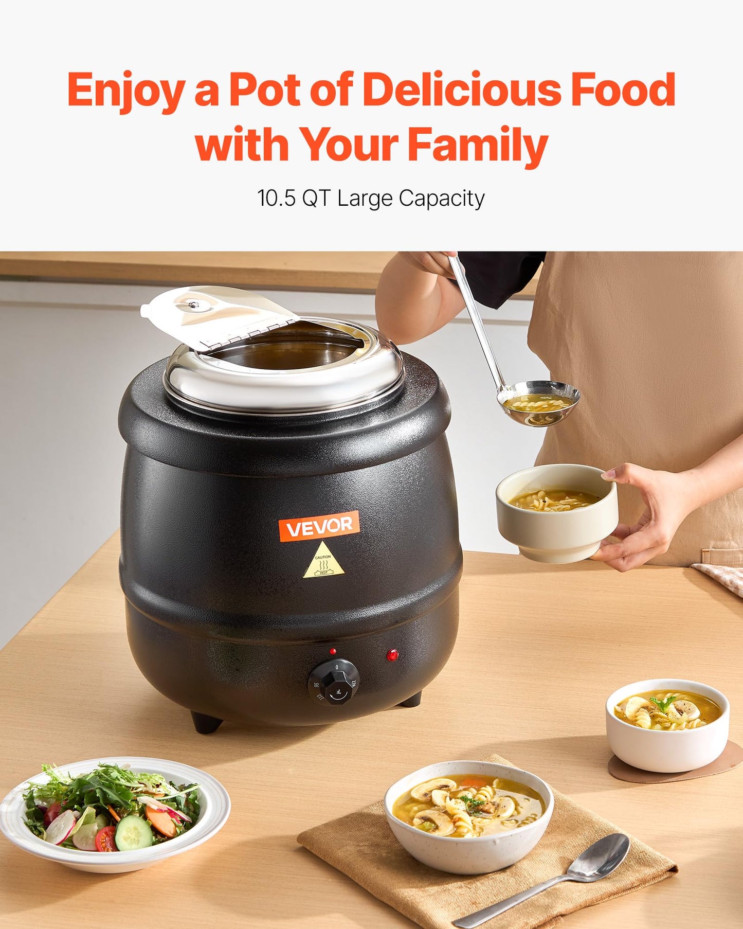 VEVOR Electric Soup Warmer, 10QT Commercial Soup Kettle with 304 Stainless Steel Detachable Insert Pot, 95~176°F Adjustable Temperature, Soup Station for Restaurant and Big Family, Black