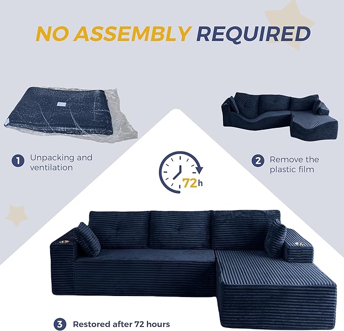 MAXYOYO 104" Modular Sectional Couch with L-Shape Chaise, Modern Boneless Couch for Living Room, Sofa in A Box, Oversized Sofa Sleeper with Deep Seat, No Assembly Required, Navy