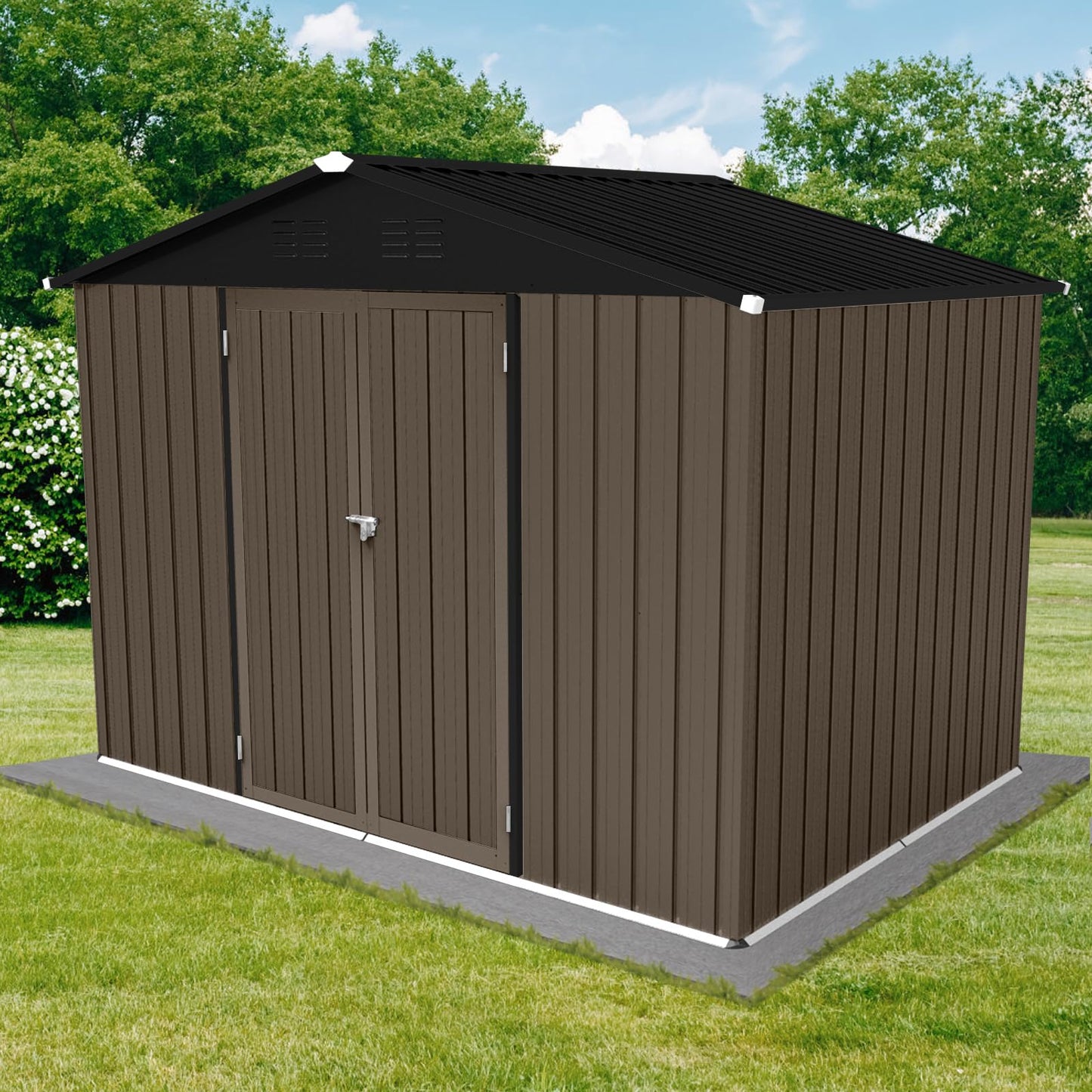 Jintop 6x8 FT Outdoor Storage Shed,with Hinged Door and Padlock,Pitched Roof Metal Garden Tool Sheds,w/Punched Vents,for Storing Bicycles, Lawnmowers, Barbeques,Garden Tools,Brown + Black