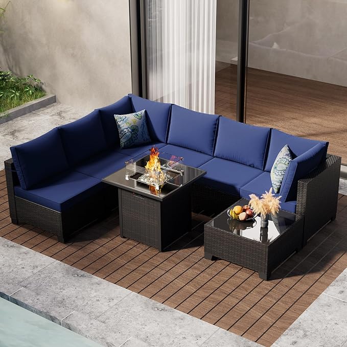 Ophelian 8 Piece Patio Furniture Set with Fire Pit Table, Wicker Outdoor Sectional Furniture, Outside Rattan Patio Couch Sets for Backyard, Garden, Deck (Brown/Blue)