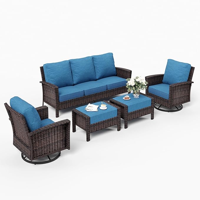SUNSHINE VALLEY Patio Furniture Set with Swivel Chairs, High Back Wicker Rattan Sofa Chairs with 5.5" Thick Cushion and 2 Ottoman, Outdoor Conversation Set for Backyard Deck, Blue