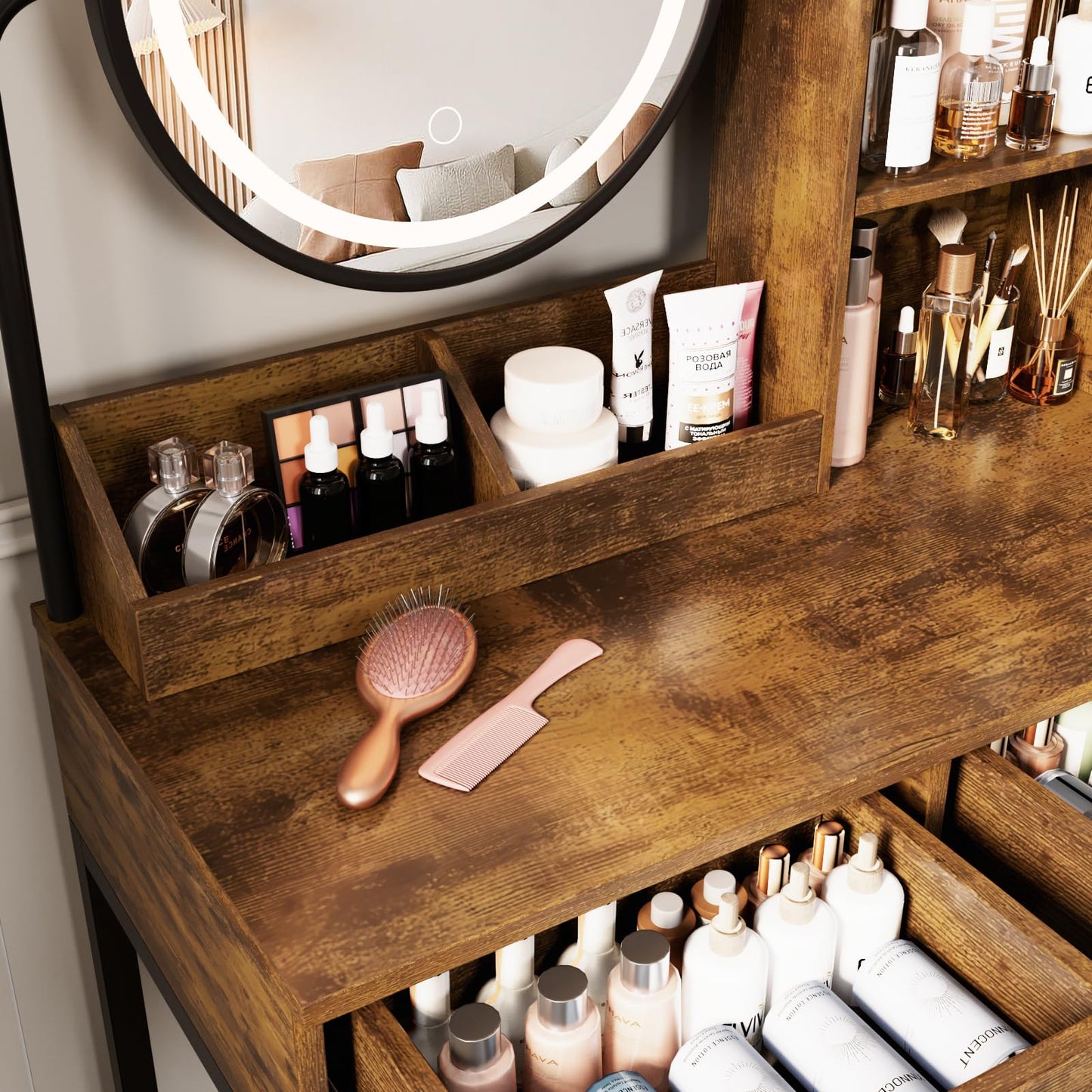 Makeup Vanity Desk with Round Mirror and Lights, White Vanity Makeup Table with 2 Drawers, Small Vanity Table for Bedroom with Lots Storage (Brown and Black, 15.75 * 31.5 * 53.6in)