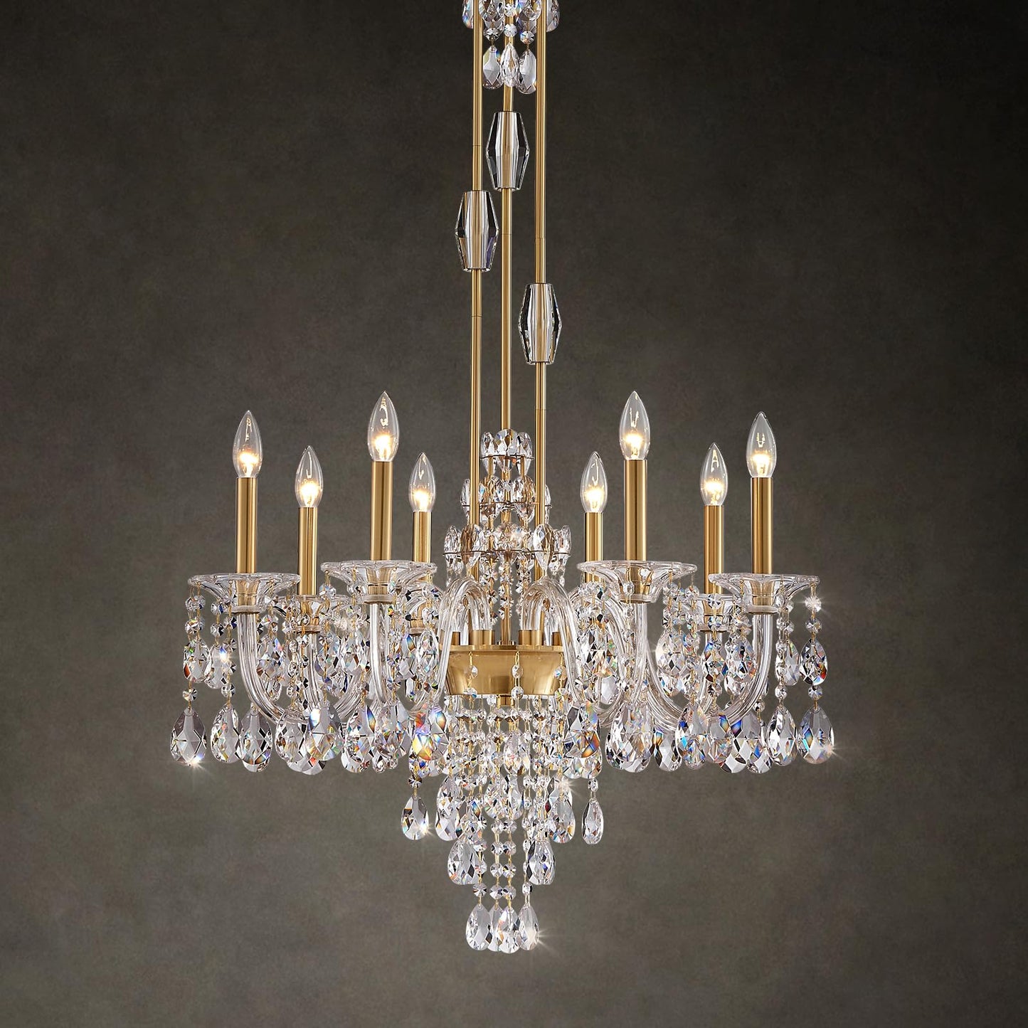 Duluyiee 8-Light Crystal Candle Chandelier, Brass Gold Chandelier for Dining Room, Entryway & Living Room, Adjustable Height, E12 Base